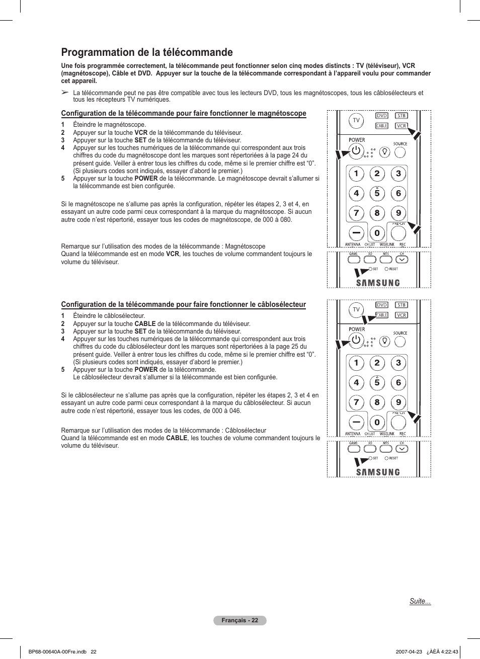 Programmation de la télécommande | Samsung HLT7288WX-XAA User Manual | Page 117 / 276