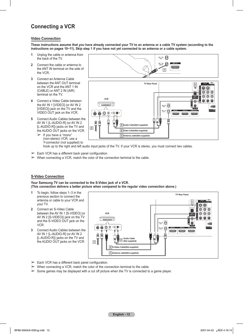Connecting a vcr | Samsung HLT7288WX-XAA User Manual | Page 12 / 276