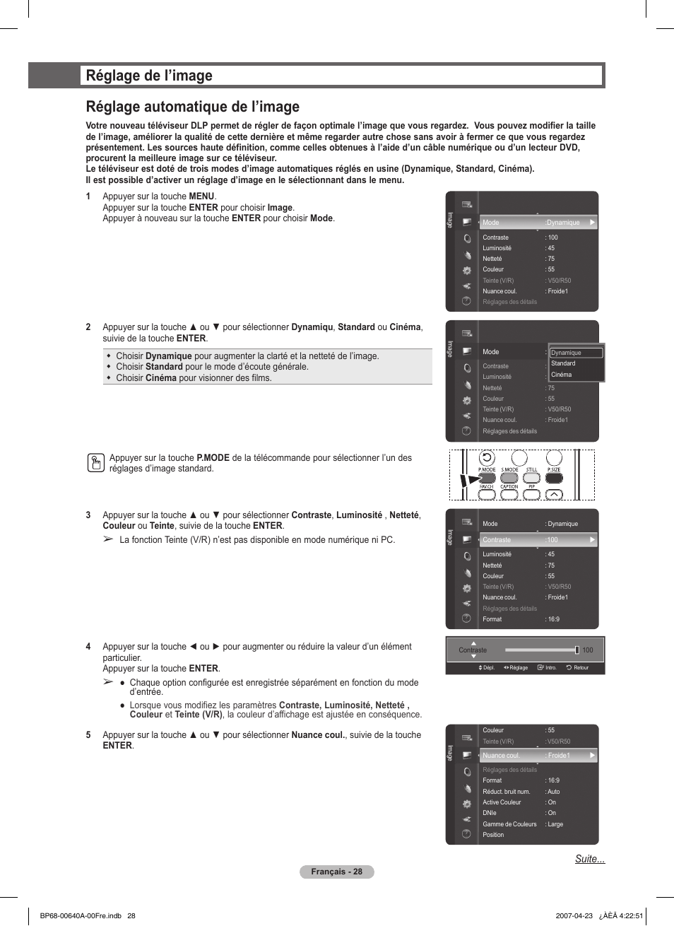 Réglage de l’image réglage automatique de l’image, Suite | Samsung HLT7288WX-XAA User Manual | Page 123 / 276