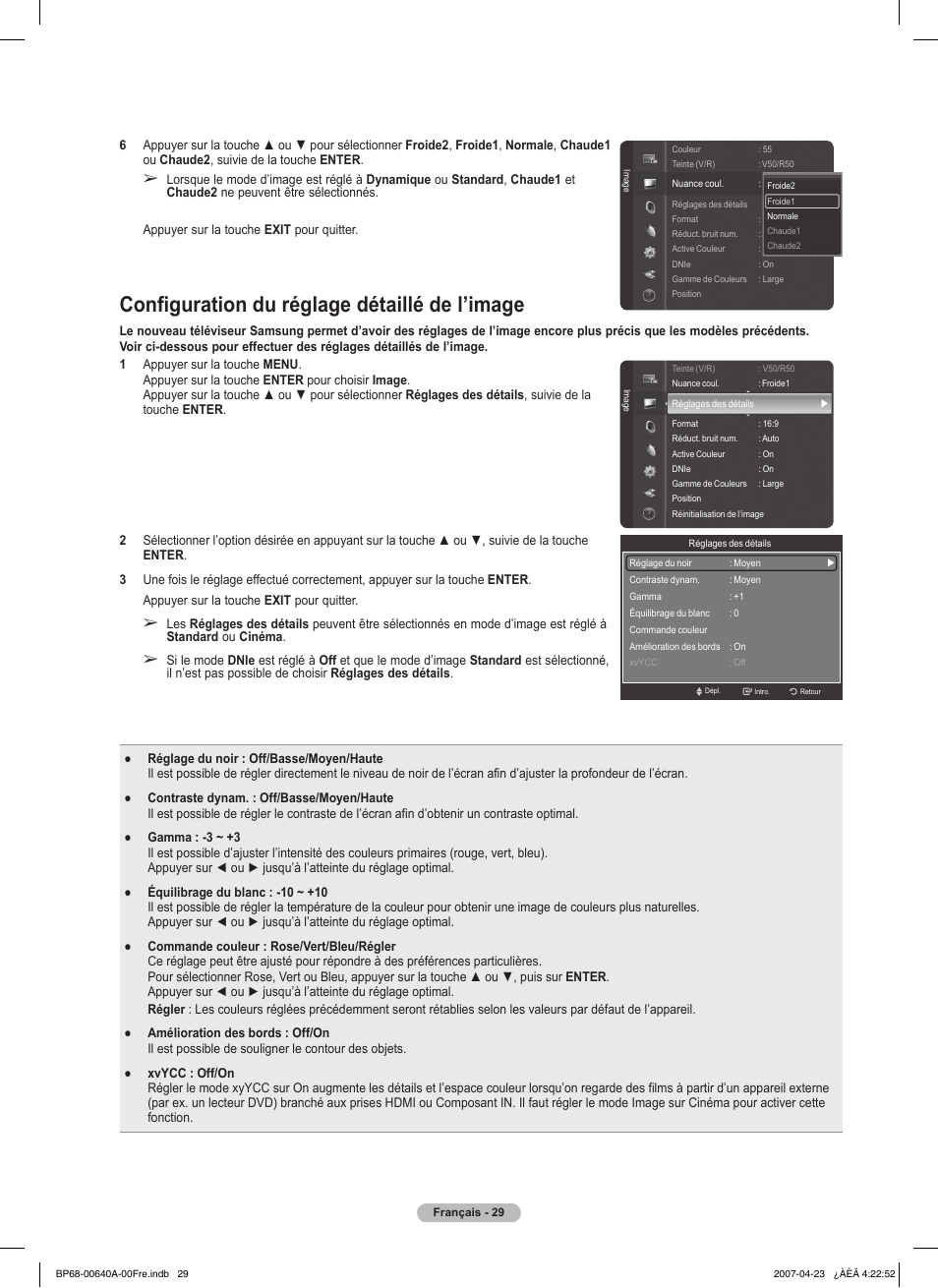 Configuration du réglage détaillé de l’image | Samsung HLT7288WX-XAA User Manual | Page 124 / 276
