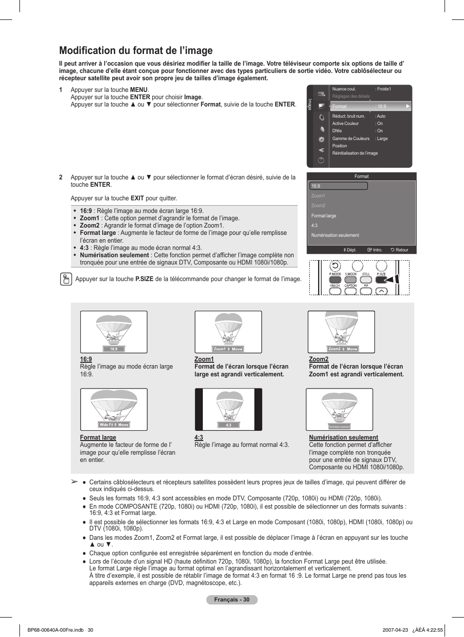 Modification du format de l’image | Samsung HLT7288WX-XAA User Manual | Page 125 / 276