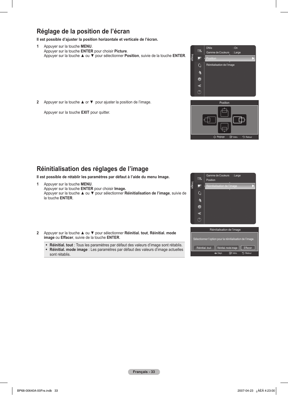 Réglage de la position de l’écran, Réinitialisation des réglages de l’image | Samsung HLT7288WX-XAA User Manual | Page 128 / 276