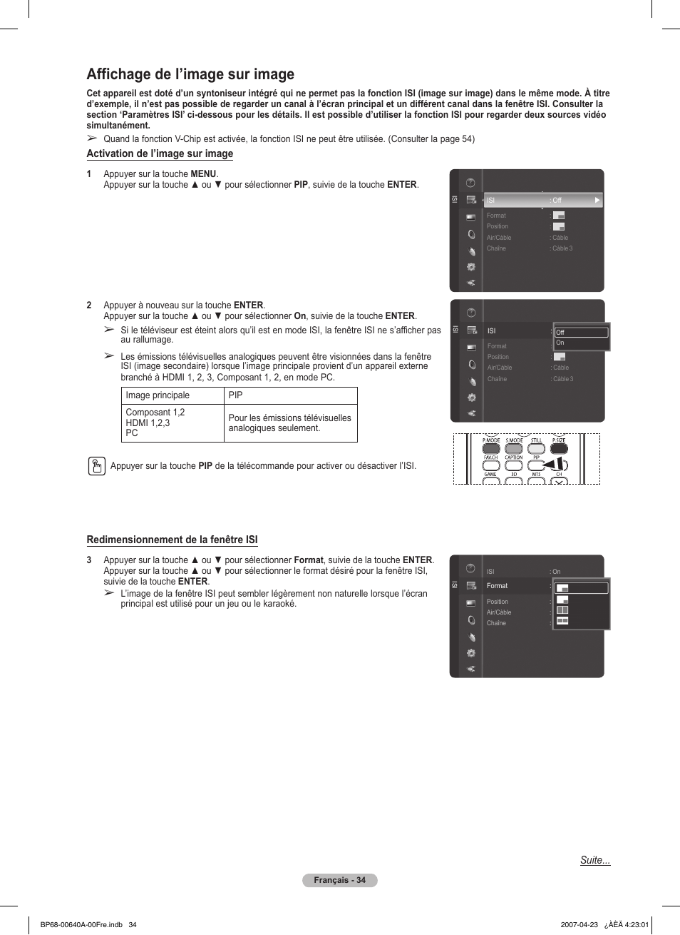 Affichage de l’image sur image, Activation de l’image sur image, Redimensionnement de la fenêtre isi | Suite | Samsung HLT7288WX-XAA User Manual | Page 129 / 276