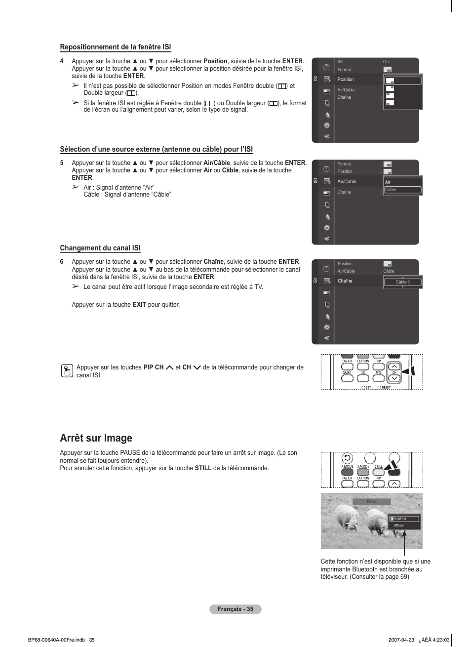 Arrêt sur image, Repositionnement de la fenêtre isi, Changement du canal isi | Samsung HLT7288WX-XAA User Manual | Page 130 / 276