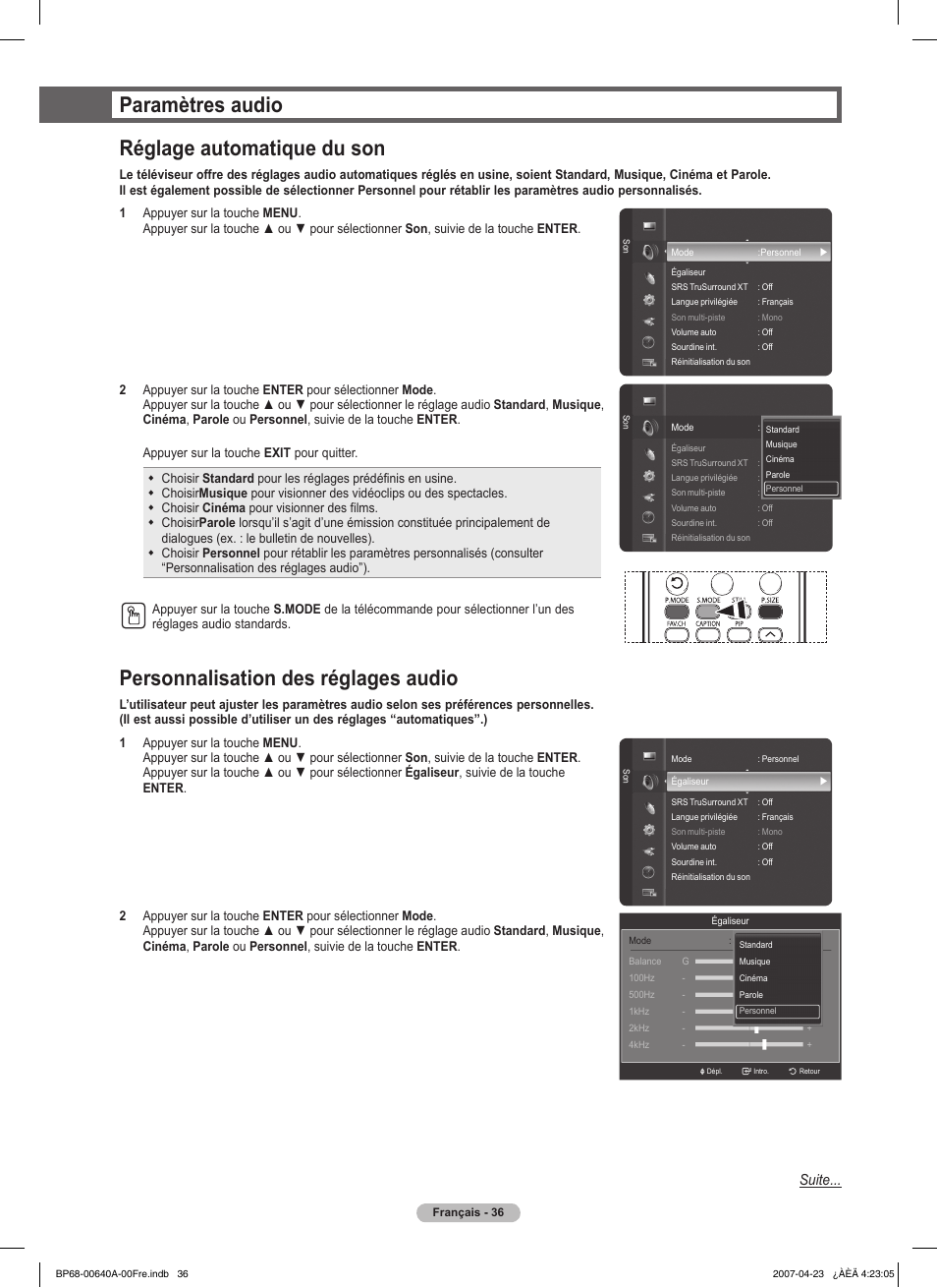Paramètres audio réglage automatique du son, Personnalisation des réglages audio, Suite | Samsung HLT7288WX-XAA User Manual | Page 131 / 276