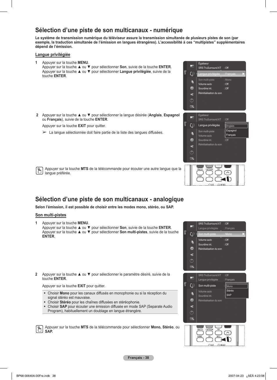 Langue privilégiée, Son multi-pistes | Samsung HLT7288WX-XAA User Manual | Page 133 / 276