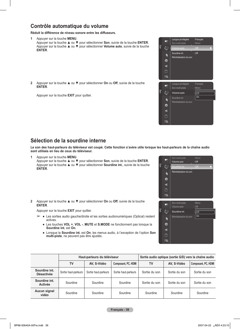 Contrôle automatique du volume, Sélection de la sourdine interne | Samsung HLT7288WX-XAA User Manual | Page 134 / 276