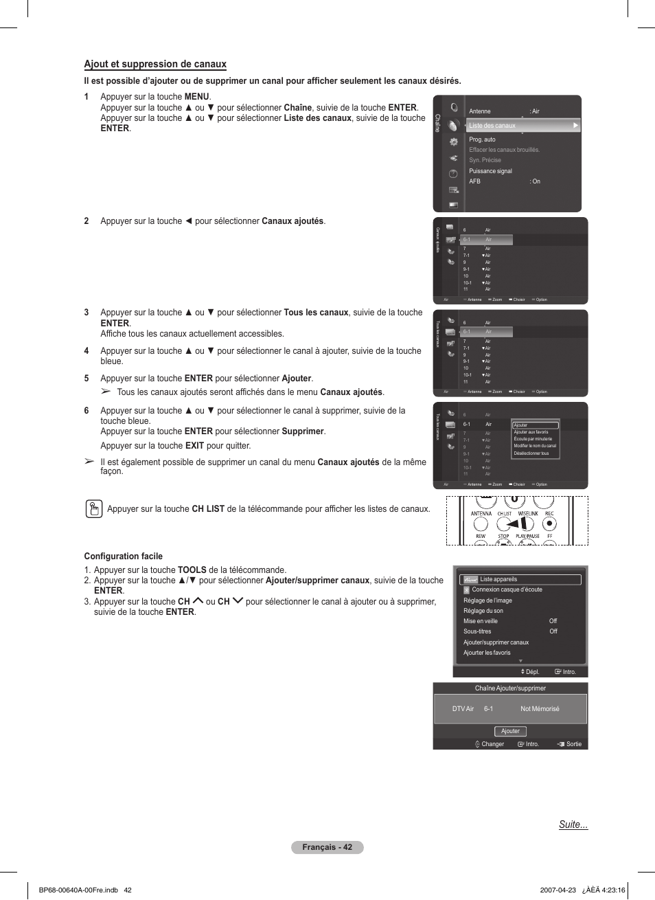 Ajout et suppression de canaux, Suite | Samsung HLT7288WX-XAA User Manual | Page 137 / 276