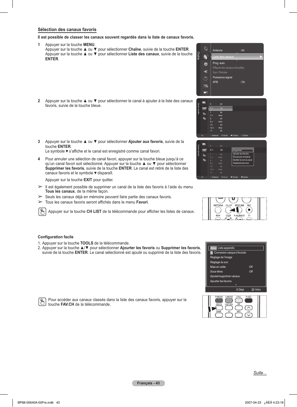 Sélection des canaux favoris, Suite | Samsung HLT7288WX-XAA User Manual | Page 138 / 276