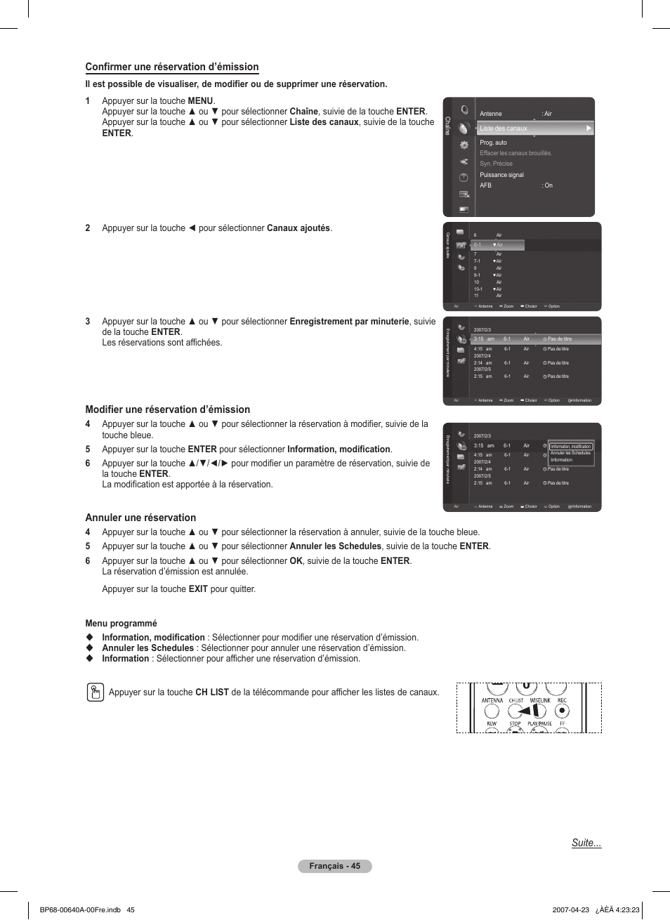 Confirmer une réservation d’émission, Modifier une réservation d’émission, Annuler une réservation | Suite, Français - 45 | Samsung HLT7288WX-XAA User Manual | Page 140 / 276