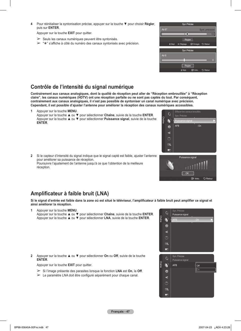 Contrôle de l’intensité du signal numérique, Amplificateur à faible bruit (lna) | Samsung HLT7288WX-XAA User Manual | Page 142 / 276