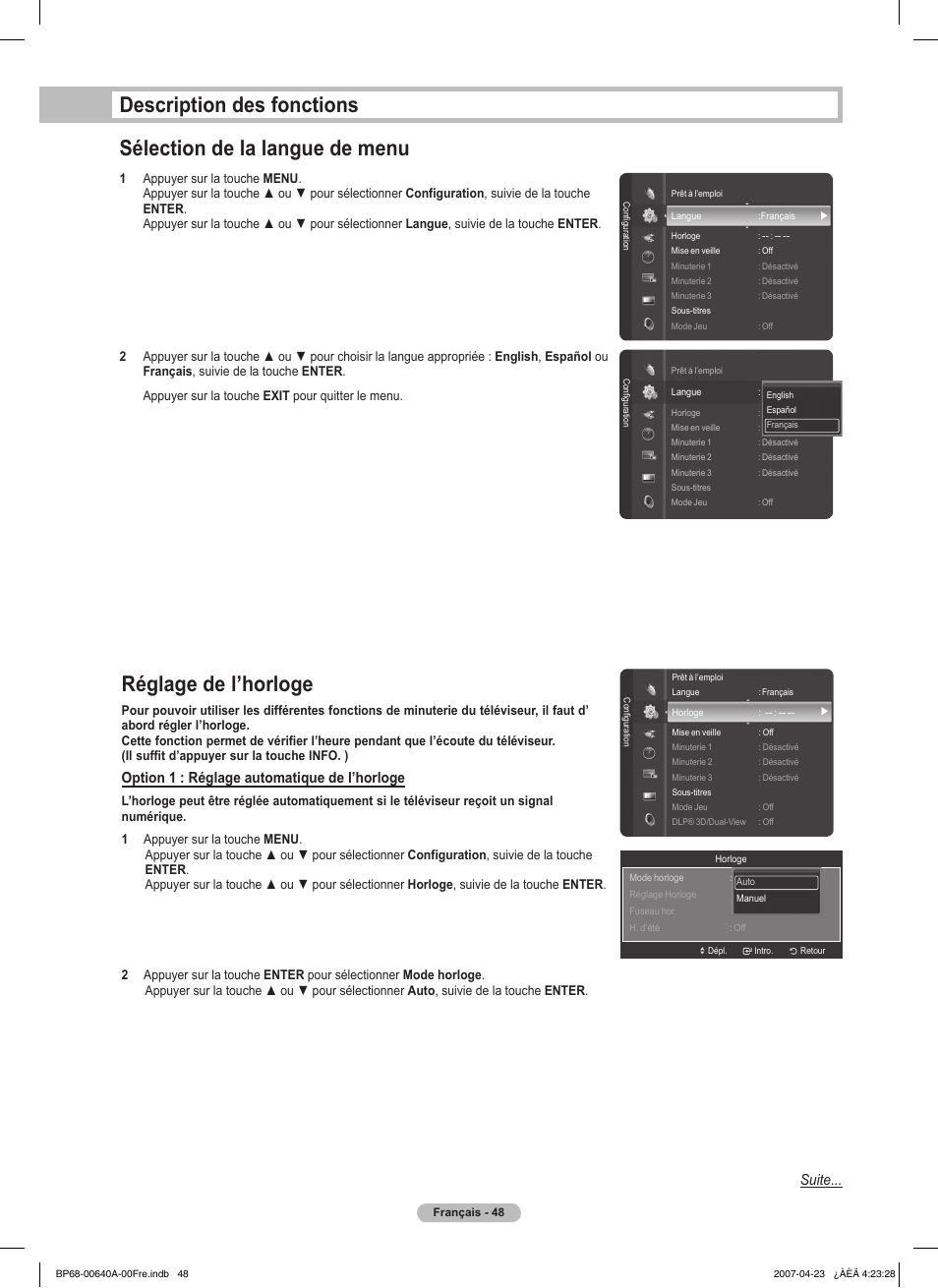 Réglage de l’horloge, Suite, Option 1 : réglage automatique de l’horloge | Samsung HLT7288WX-XAA User Manual | Page 143 / 276