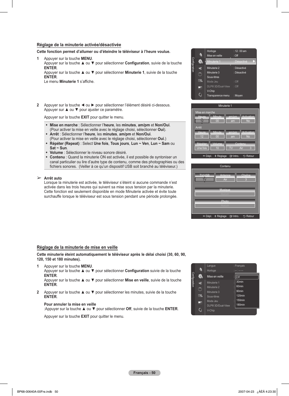 Réglage de la minuterie activée/désactivée, Réglage de la minuterie de mise en veille | Samsung HLT7288WX-XAA User Manual | Page 145 / 276