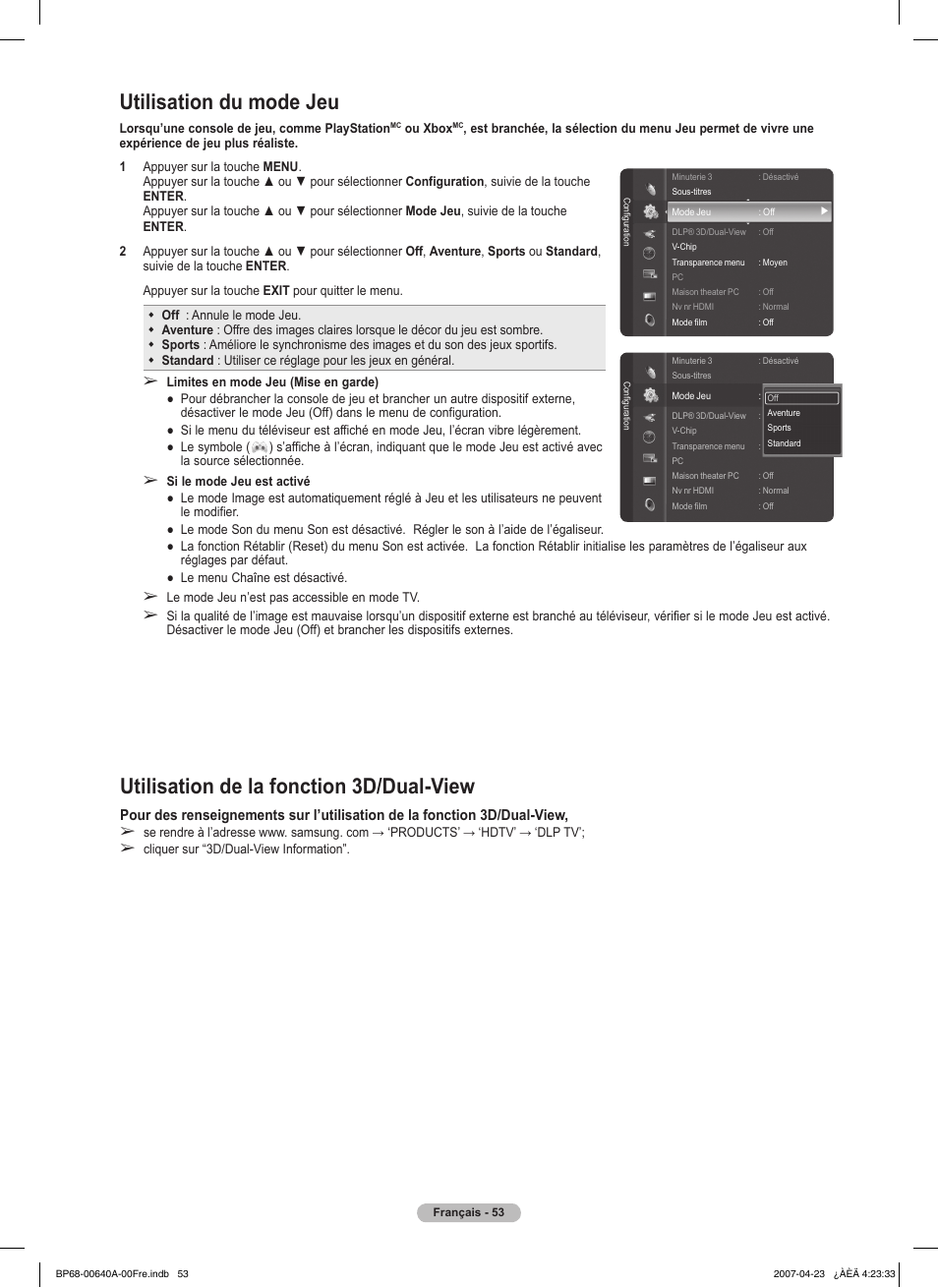 Utilisation du mode jeu, Utilisation de la fonction 3d/dual-view | Samsung HLT7288WX-XAA User Manual | Page 148 / 276