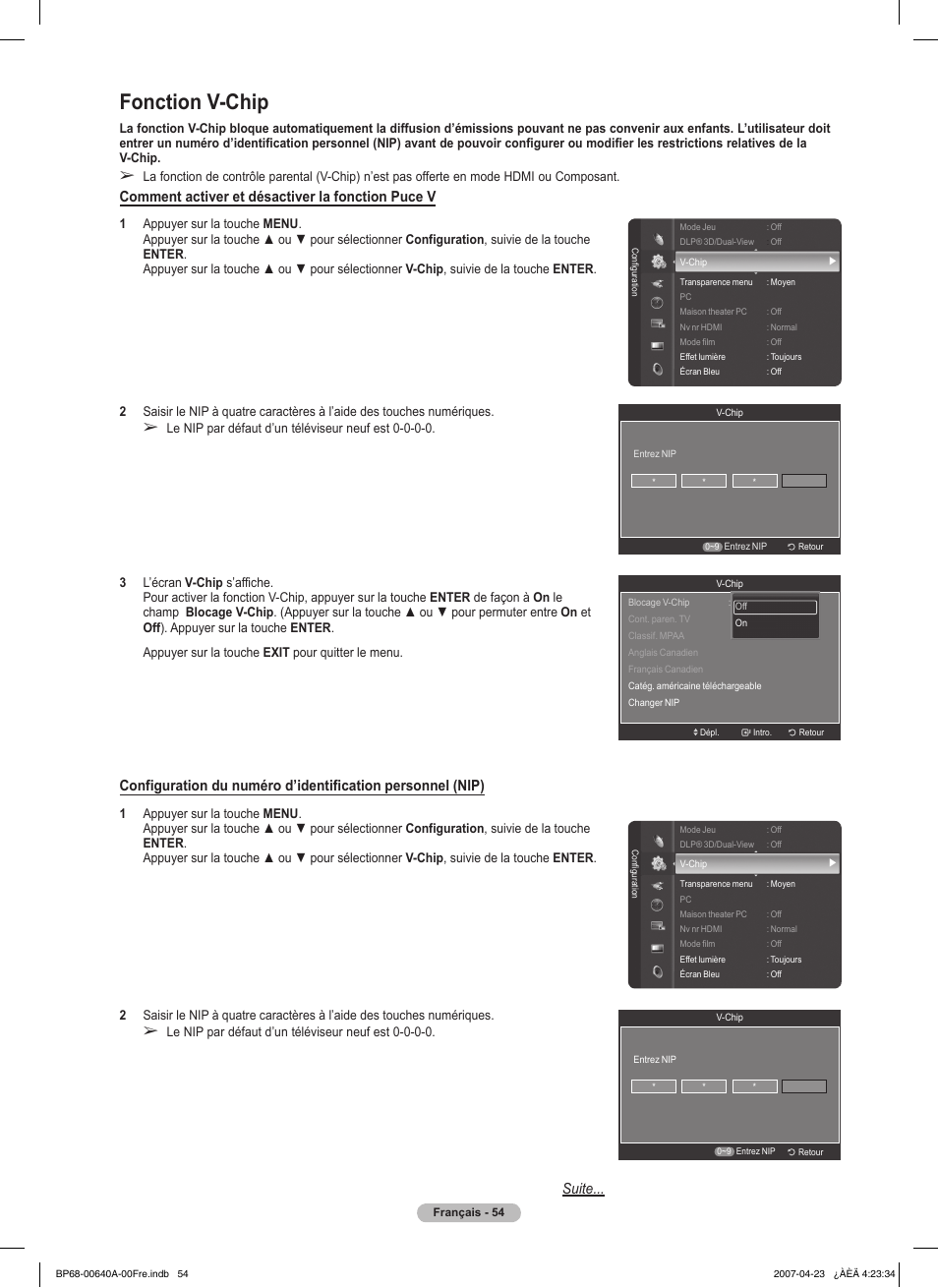 Fonction v-chip, Comment activer et désactiver la fonction puce v | Samsung HLT7288WX-XAA User Manual | Page 149 / 276