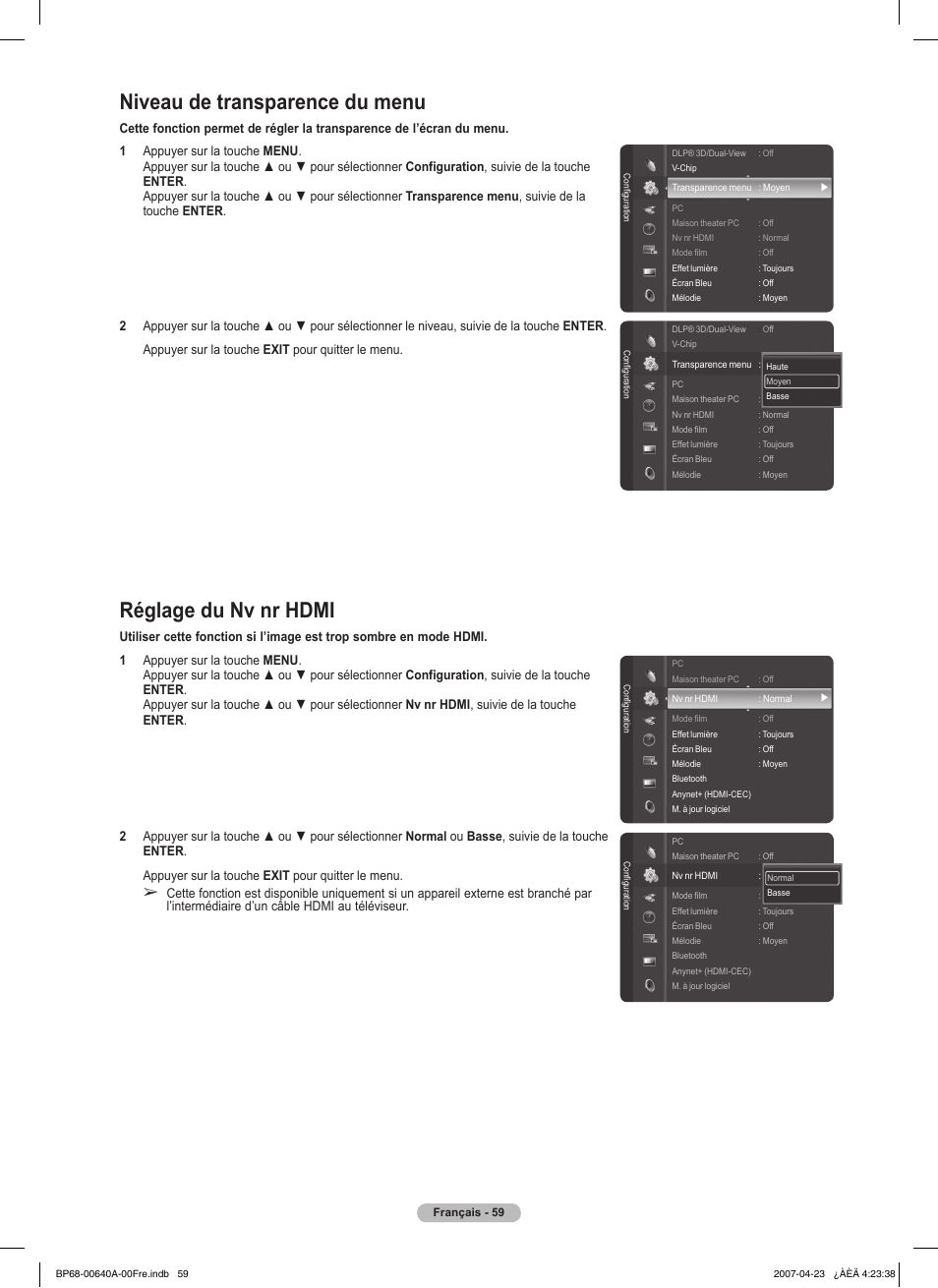Niveau de transparence du menu, Réglage du nv nr hdmi | Samsung HLT7288WX-XAA User Manual | Page 154 / 276