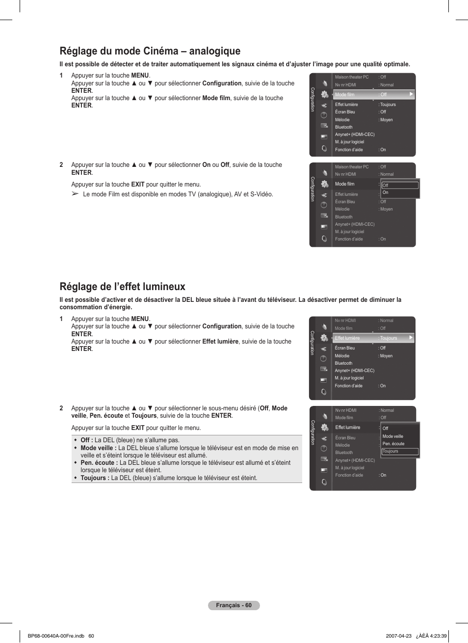 Réglage du mode cinéma – analogique, Réglage de l’effet lumineux | Samsung HLT7288WX-XAA User Manual | Page 155 / 276