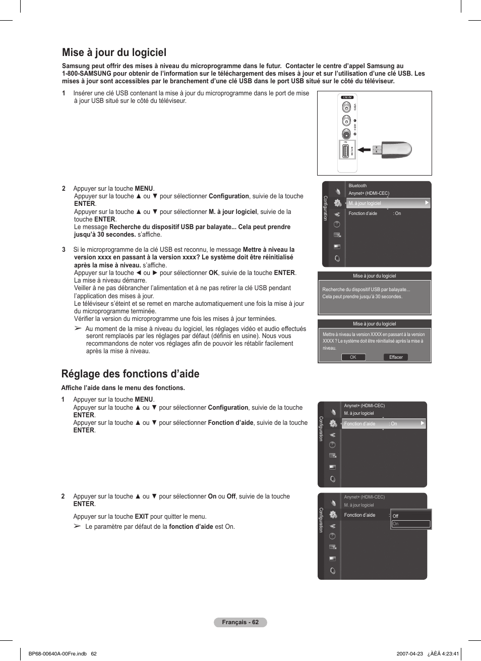 Réglage des fonctions d’aide, Mise à jour du logiciel | Samsung HLT7288WX-XAA User Manual | Page 157 / 276