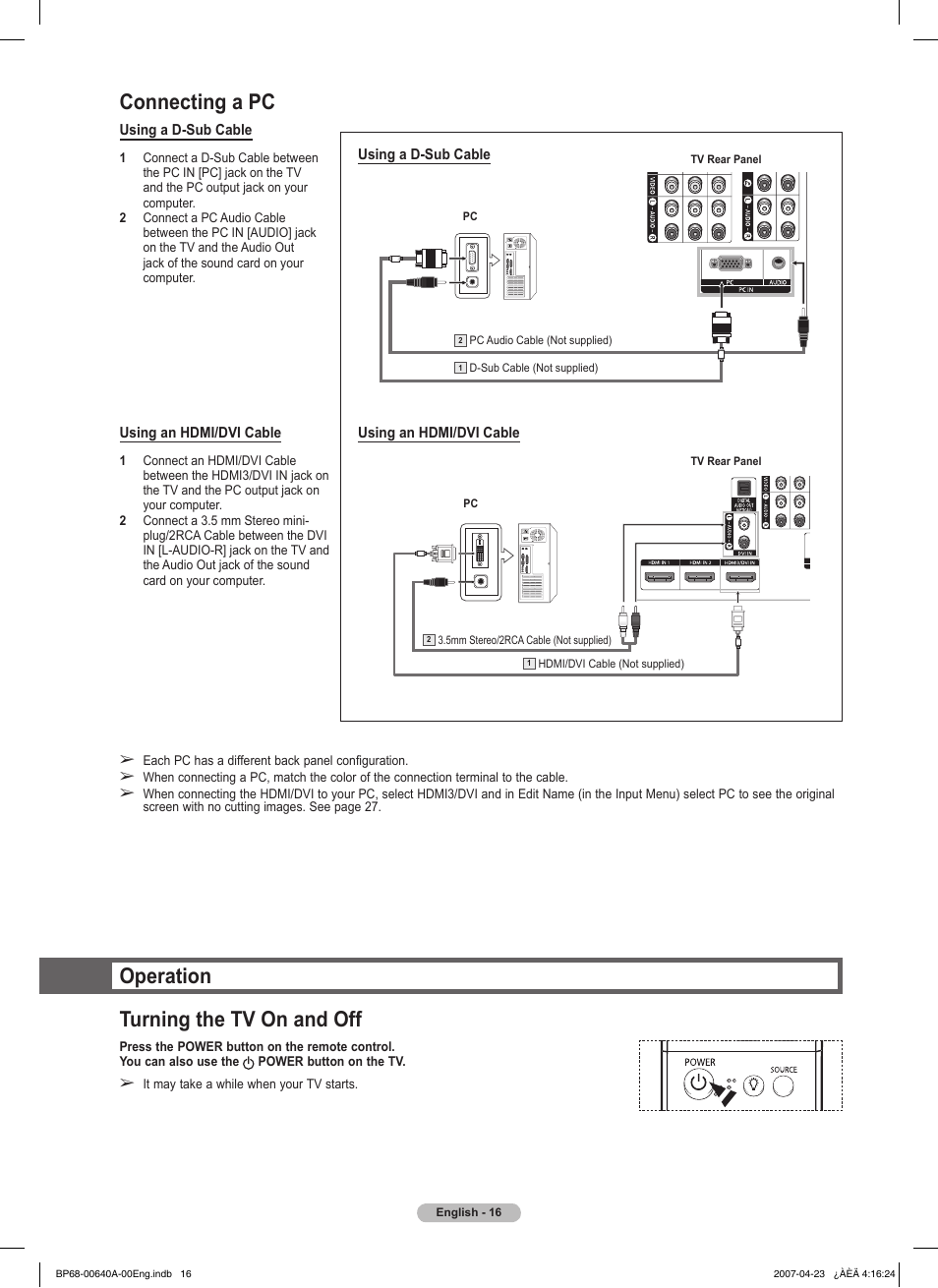 Operation turning the tv on and off, Connecting a pc | Samsung HLT7288WX-XAA User Manual | Page 16 / 276