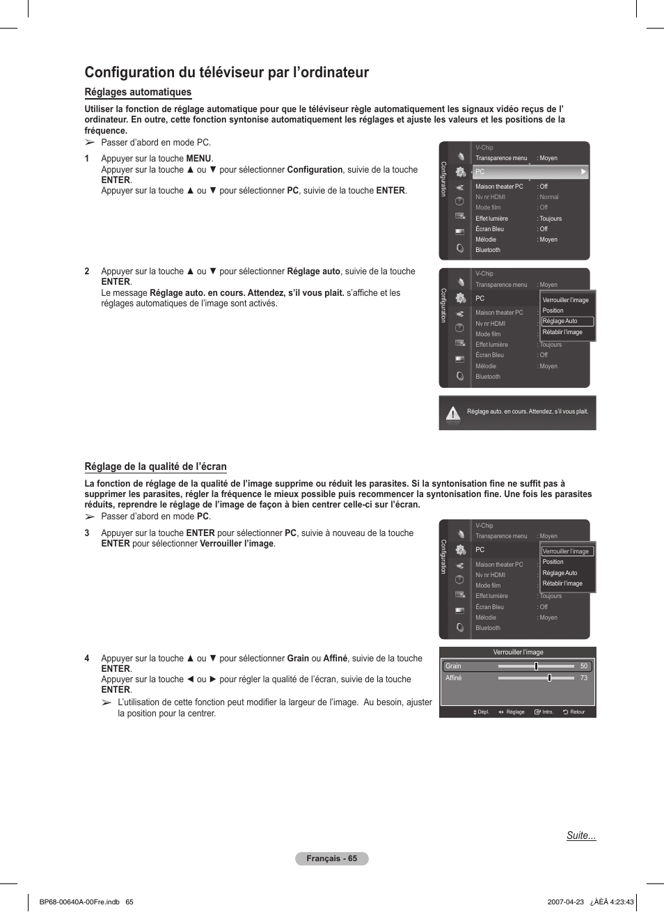 Configuration du téléviseur par l’ordinateur, Réglages automatiques, Réglage de la qualité de l’écran | Suite | Samsung HLT7288WX-XAA User Manual | Page 160 / 276