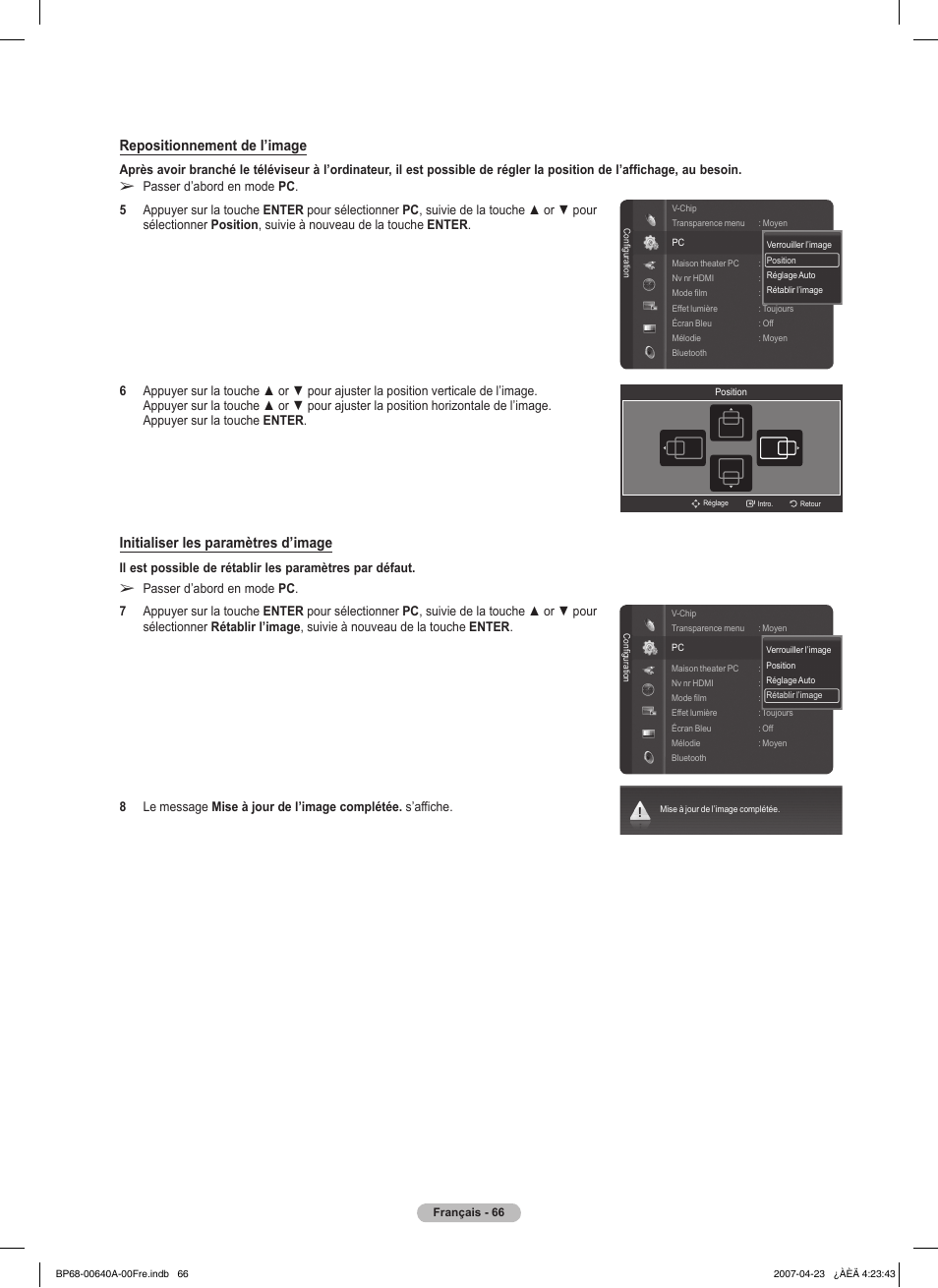 Repositionnement de l’image, Initialiser les paramètres d’image | Samsung HLT7288WX-XAA User Manual | Page 161 / 276
