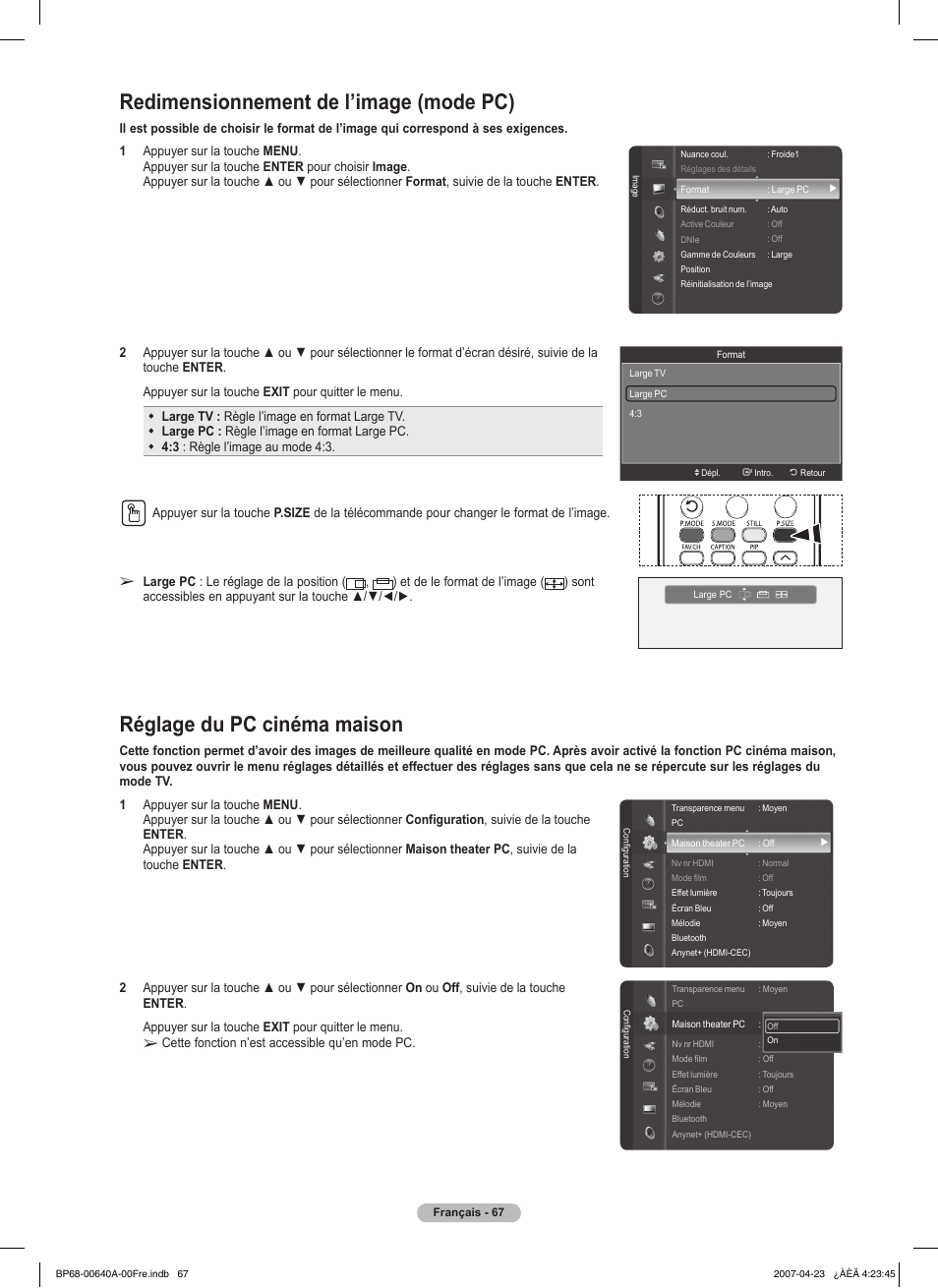 Redimensionnement de l’image (mode pc), Réglage du pc cinéma maison | Samsung HLT7288WX-XAA User Manual | Page 162 / 276