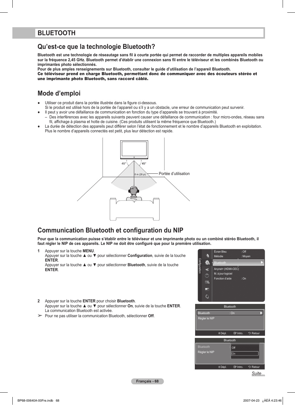 Bluetooth qu’est-ce que la technologie bluetooth, Communication bluetooth et configuration du nip, Mode d’emploi | Samsung HLT7288WX-XAA User Manual | Page 163 / 276