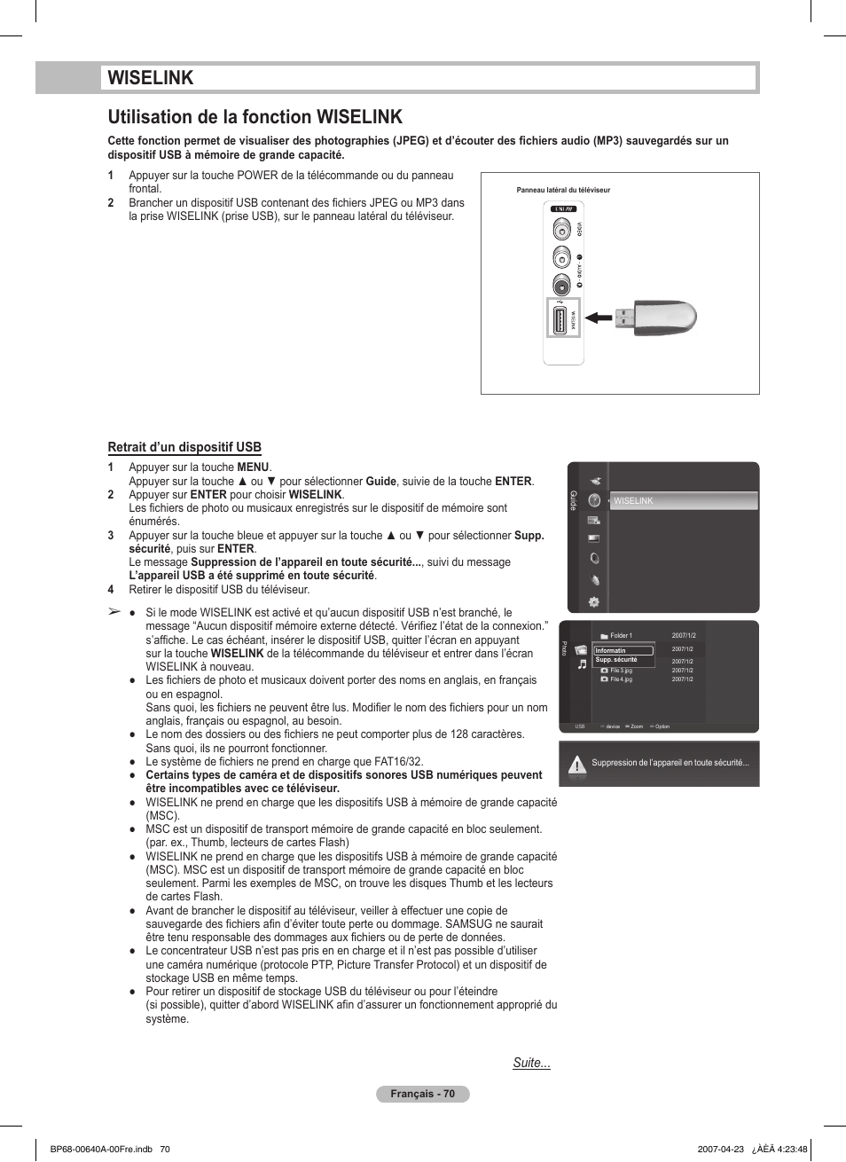 Wiselink utilisation de la fonction wiselink, Retrait d’un dispositif usb, Suite | Samsung HLT7288WX-XAA User Manual | Page 165 / 276
