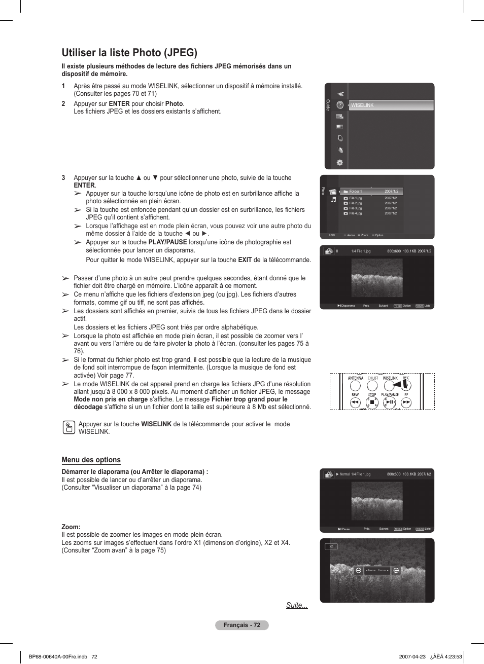 Utiliser la liste photo (jpeg), Menu des options, Suite | Samsung HLT7288WX-XAA User Manual | Page 167 / 276