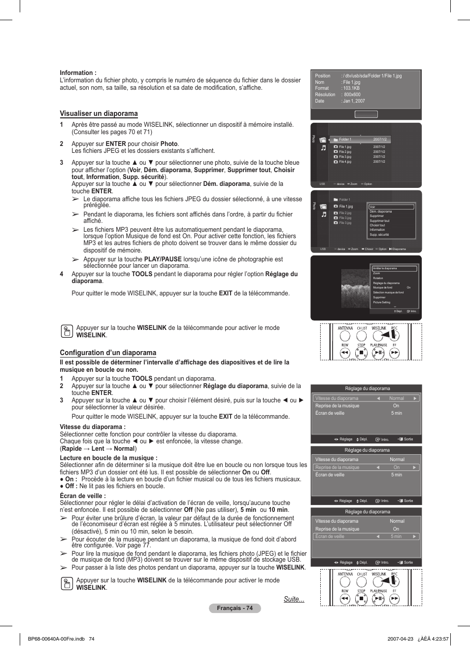 Suite... configuration d’un diaporama, Visualiser un diaporama | Samsung HLT7288WX-XAA User Manual | Page 169 / 276