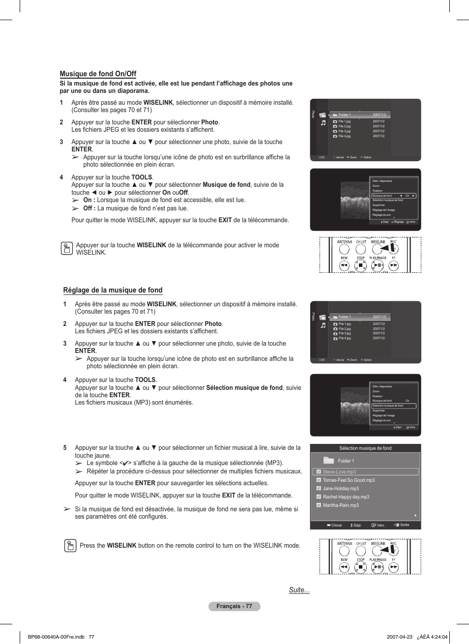 Suite... musique de fond on/off, Réglage de la musique de fond | Samsung HLT7288WX-XAA User Manual | Page 172 / 276