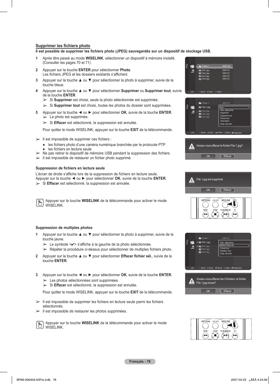Supprimer les fichiers photo, La photo est supprimée, Les photos sélectionnées sont supprimées | Samsung HLT7288WX-XAA User Manual | Page 173 / 276