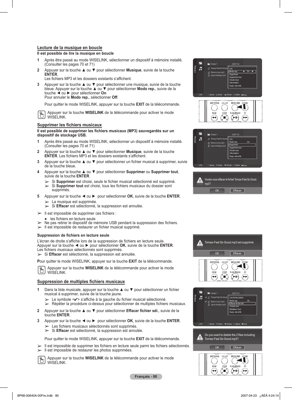 Lecture de la musique en boucle, Supprimer les fichiers musicaux, Suppression de multiples fichiers musicaux | Samsung HLT7288WX-XAA User Manual | Page 175 / 276