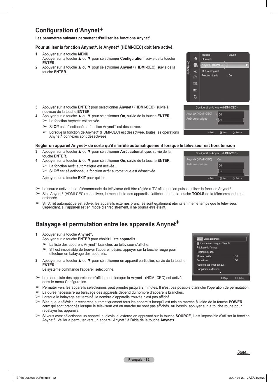Configuration d’anynet, Balayage et permutation entre les appareils anynet | Samsung HLT7288WX-XAA User Manual | Page 177 / 276