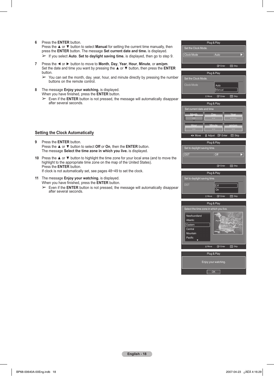 Setting the clock automatically | Samsung HLT7288WX-XAA User Manual | Page 18 / 276