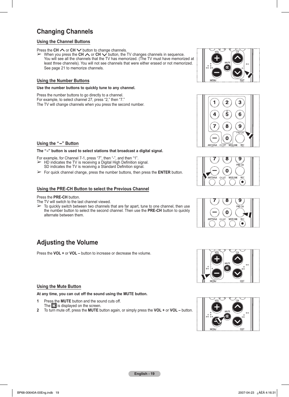 Changing channels, Adjusting the volume | Samsung HLT7288WX-XAA User Manual | Page 19 / 276