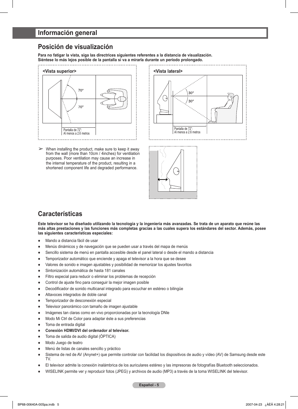 Información general posición de visualización, Características | Samsung HLT7288WX-XAA User Manual | Page 190 / 276