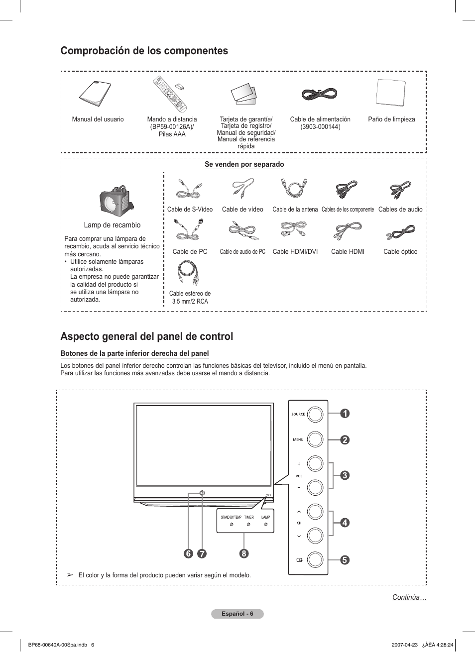 Aspecto general del panel de control, Comprobación de los componentes | Samsung HLT7288WX-XAA User Manual | Page 191 / 276