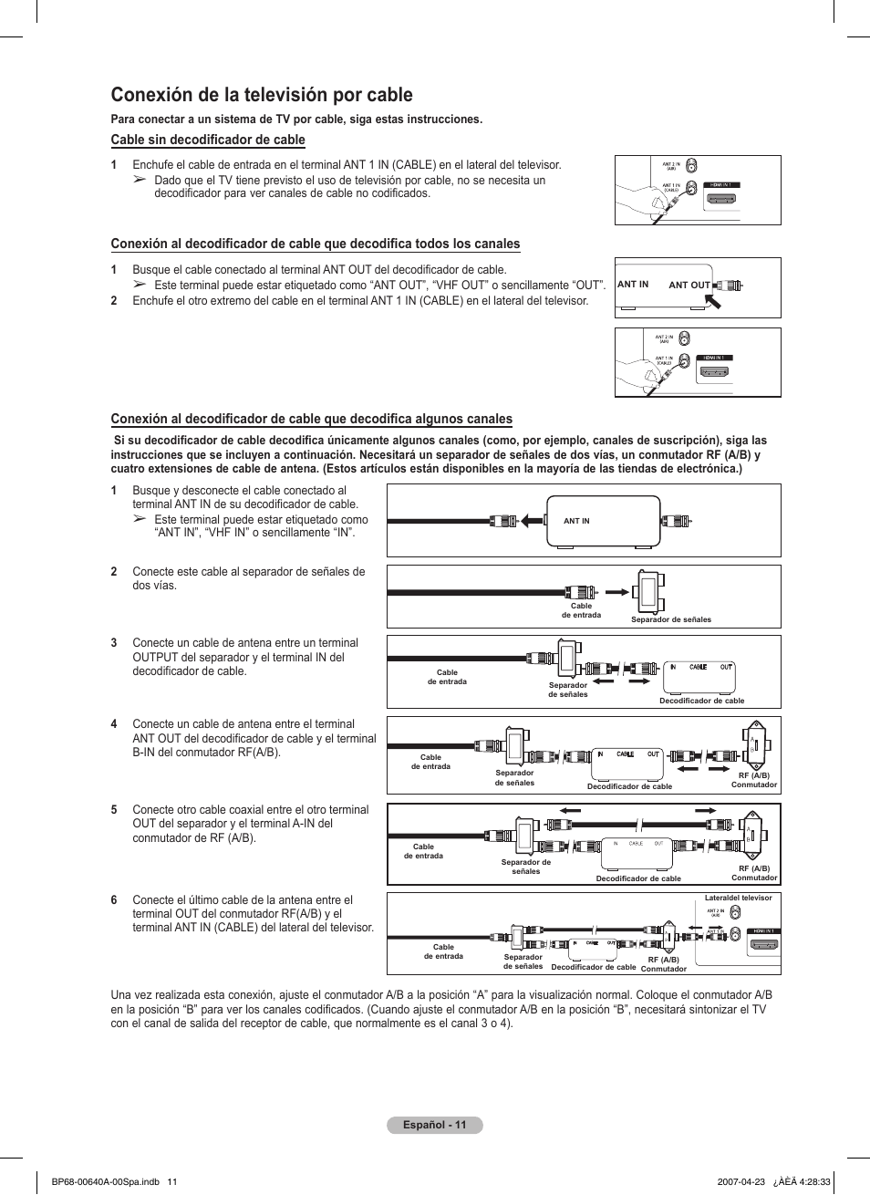 Conexión de la televisión por cable, Cable sin decodificador de cable | Samsung HLT7288WX-XAA User Manual | Page 196 / 276