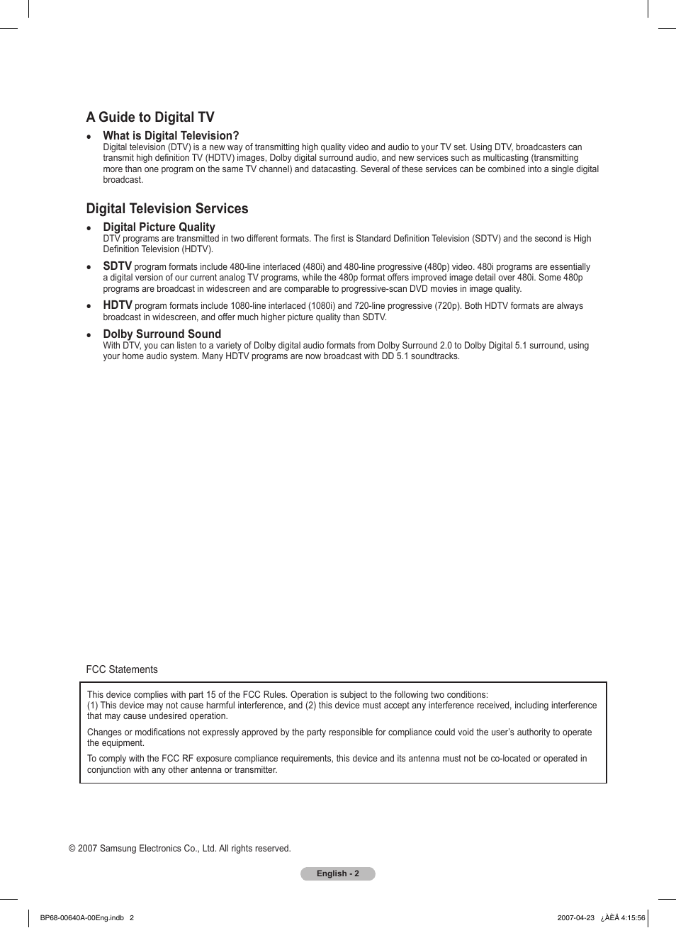 A guide to digital tv, Digital television services | Samsung HLT7288WX-XAA User Manual | Page 2 / 276