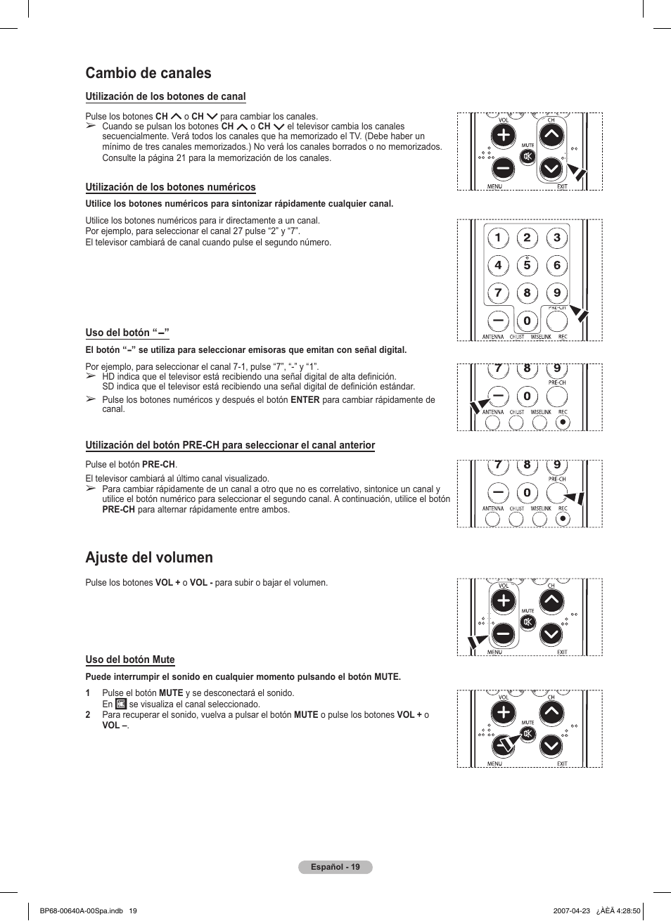 Cambio de canales, Ajuste del volumen | Samsung HLT7288WX-XAA User Manual | Page 204 / 276