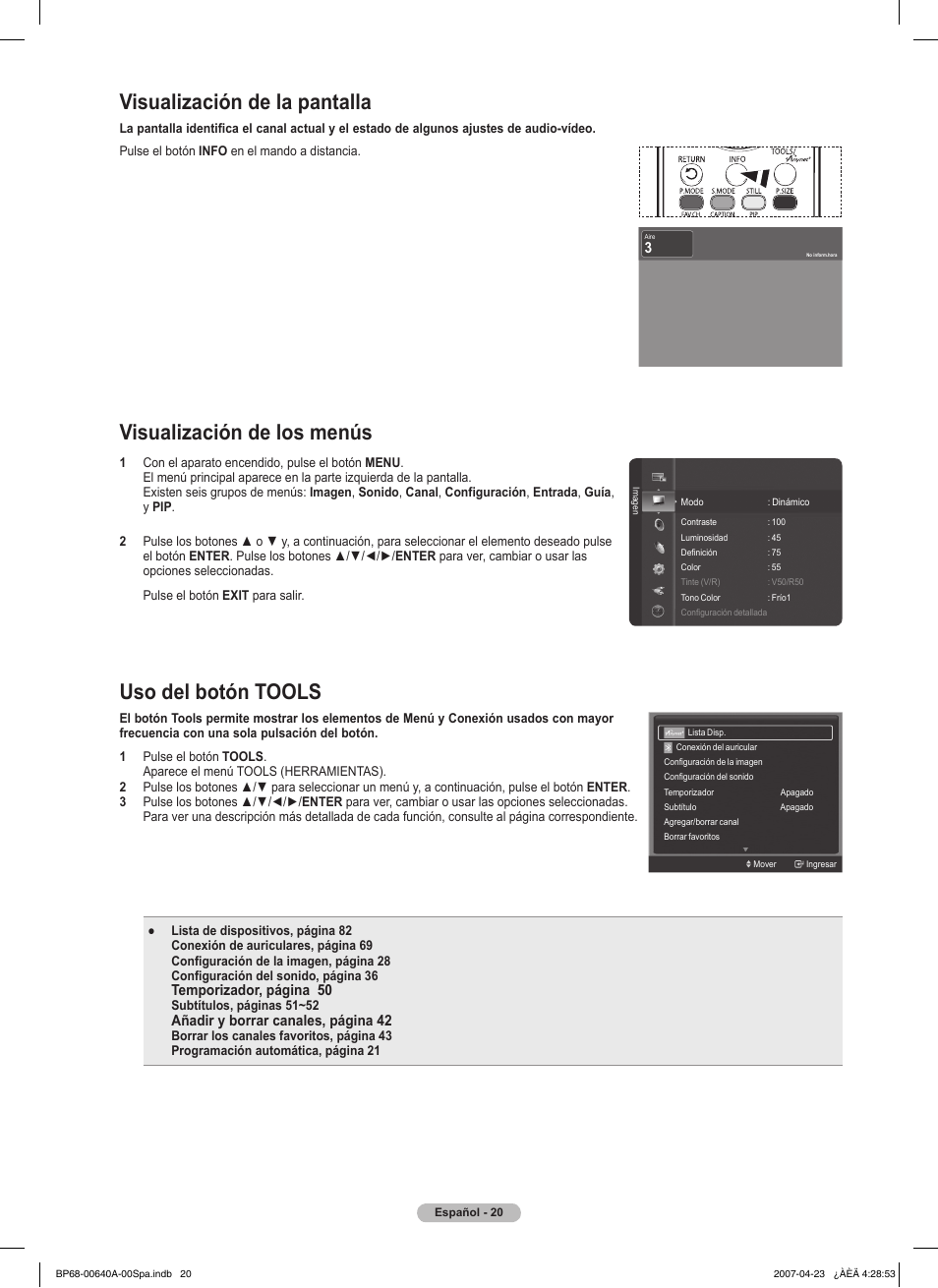 Visualización de la pantalla, Visualización de los menús, Uso del botón tools | Samsung HLT7288WX-XAA User Manual | Page 205 / 276