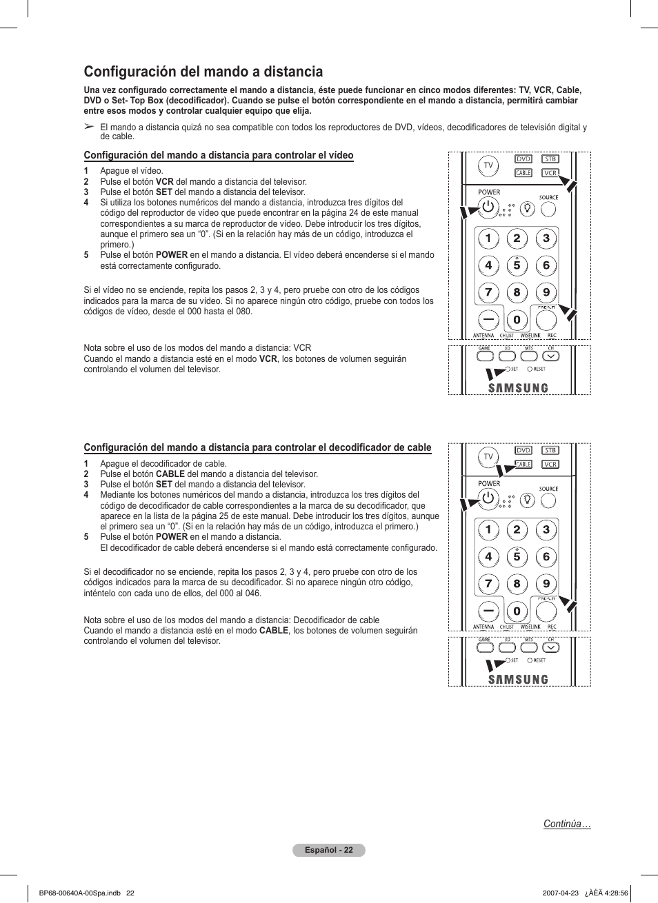 Configuración del mando a distancia | Samsung HLT7288WX-XAA User Manual | Page 207 / 276