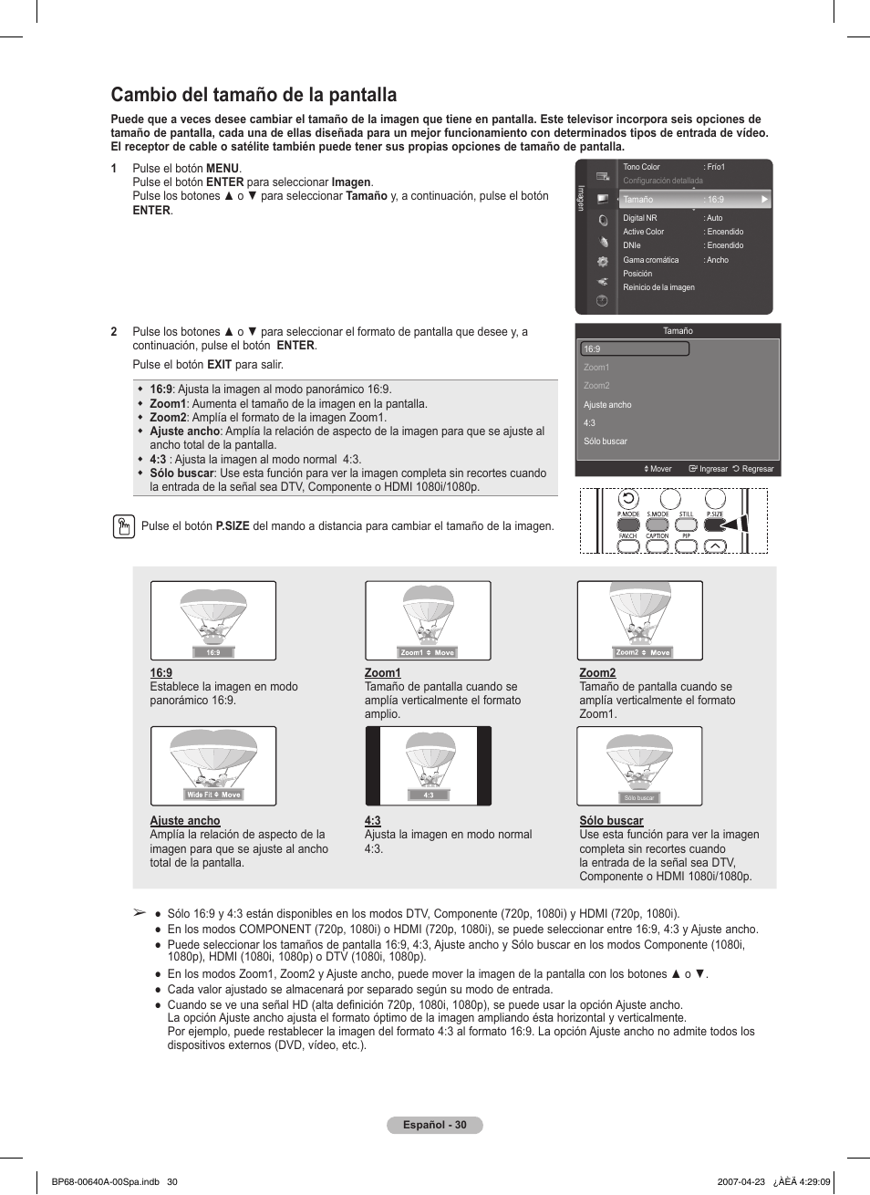 Cambio del tamaño de la pantalla | Samsung HLT7288WX-XAA User Manual | Page 215 / 276