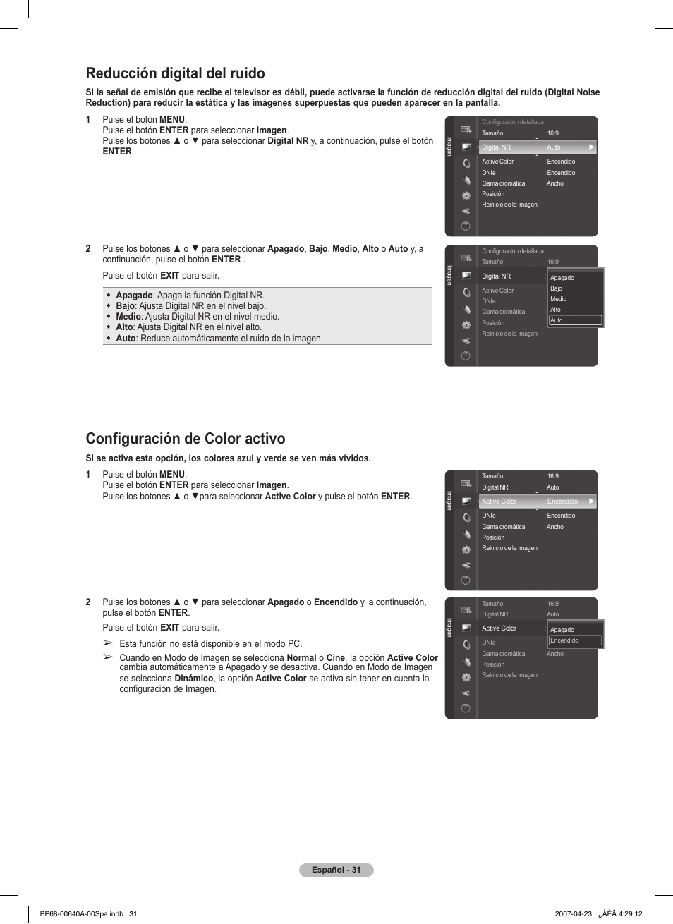 Reducción digital del ruido, Configuración de color activo | Samsung HLT7288WX-XAA User Manual | Page 216 / 276