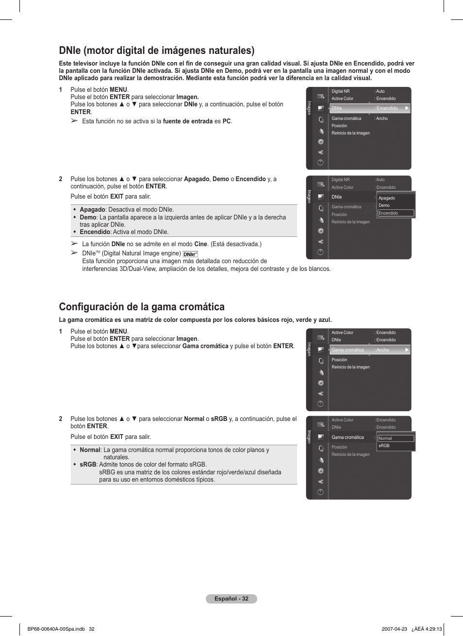 Dnie (motor digital de imágenes naturales), Configuración de la gama cromática | Samsung HLT7288WX-XAA User Manual | Page 217 / 276