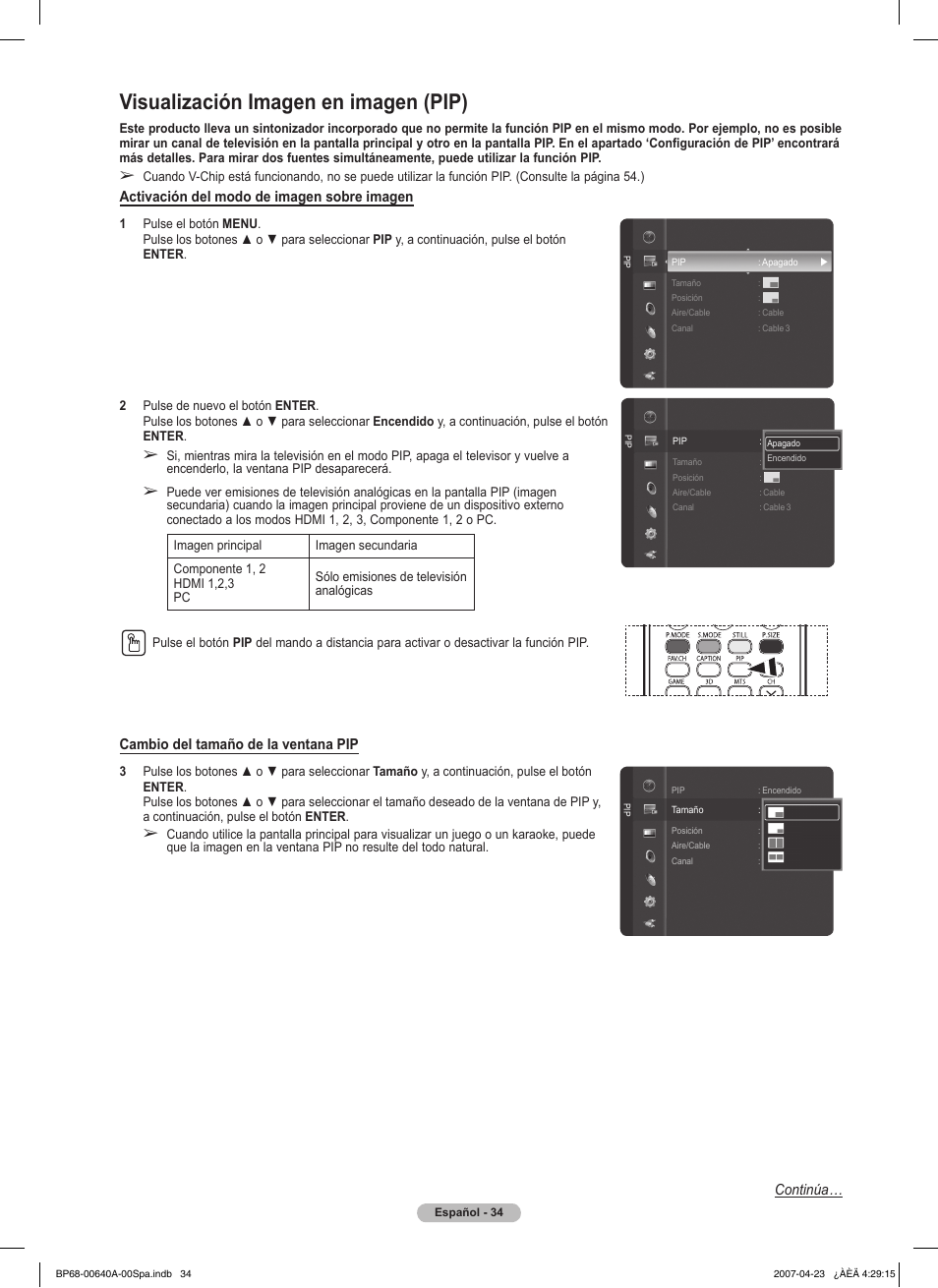 Visualización imagen en imagen (pip), Activación del modo de imagen sobre imagen, Cambio del tamaño de la ventana pip | Continúa | Samsung HLT7288WX-XAA User Manual | Page 219 / 276