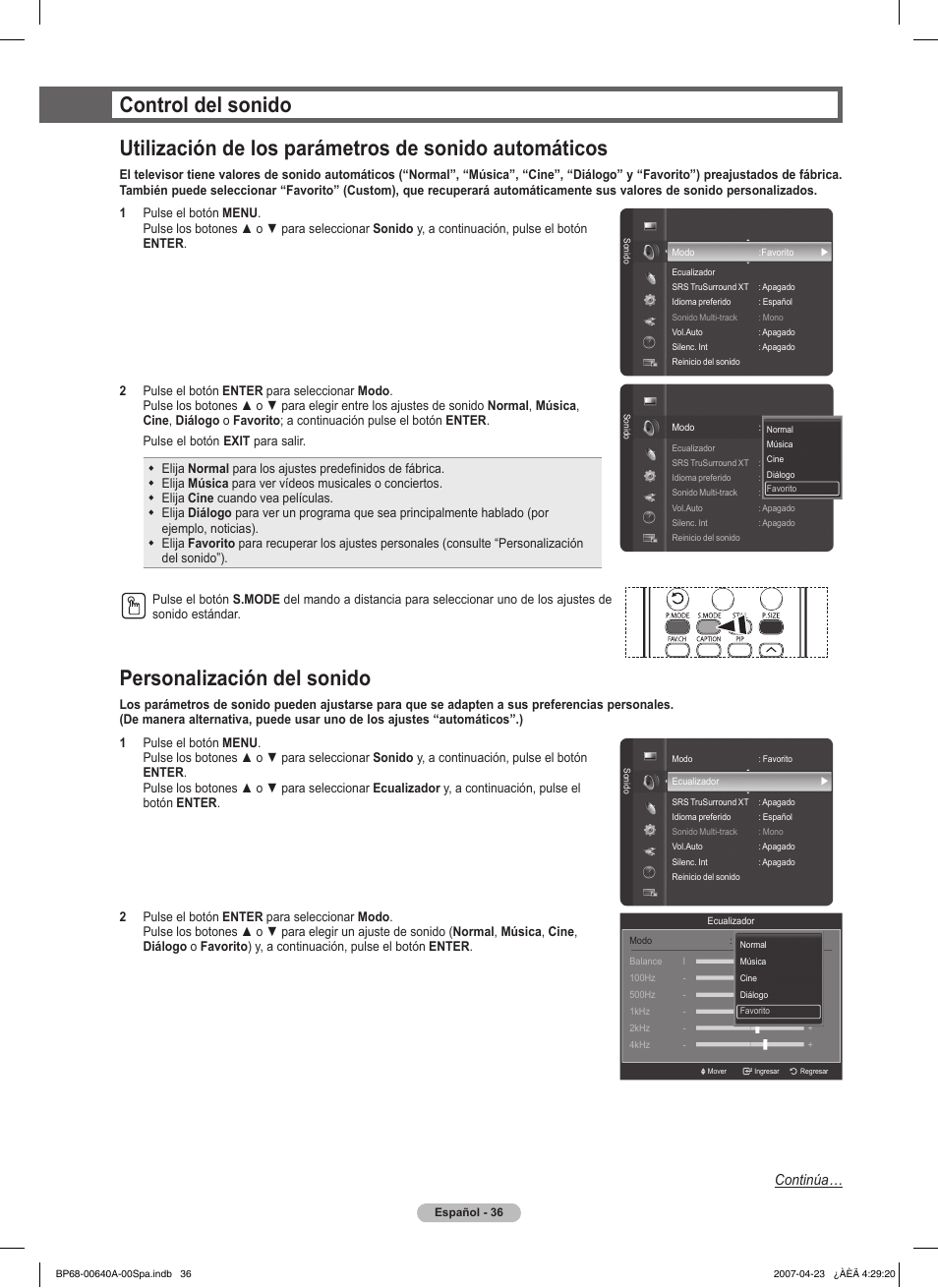 Personalización del sonido, Continúa | Samsung HLT7288WX-XAA User Manual | Page 221 / 276