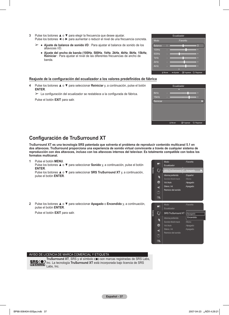 Configuración de trusurround xt | Samsung HLT7288WX-XAA User Manual | Page 222 / 276