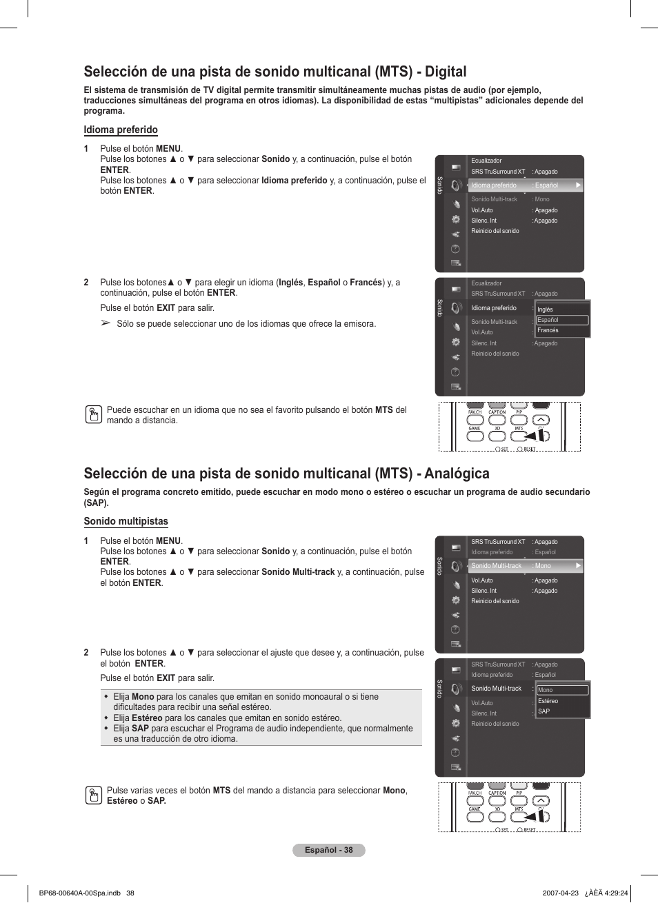 Idioma preferido, Sonido multipistas | Samsung HLT7288WX-XAA User Manual | Page 223 / 276